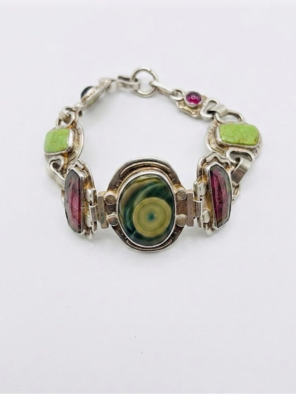 Custom Bracelet- Silver Multi-Stone Green and Burgundy